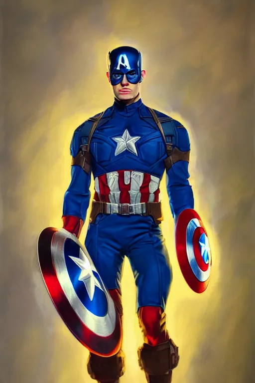 Prompt: hyperrealistic painting of Captain America in blue and yellow colors, oil on canvas, in the style of J.C. Leyendecker, Ross Tran and WLOP, 4k, smooth, sharp focus, extremelydetailed