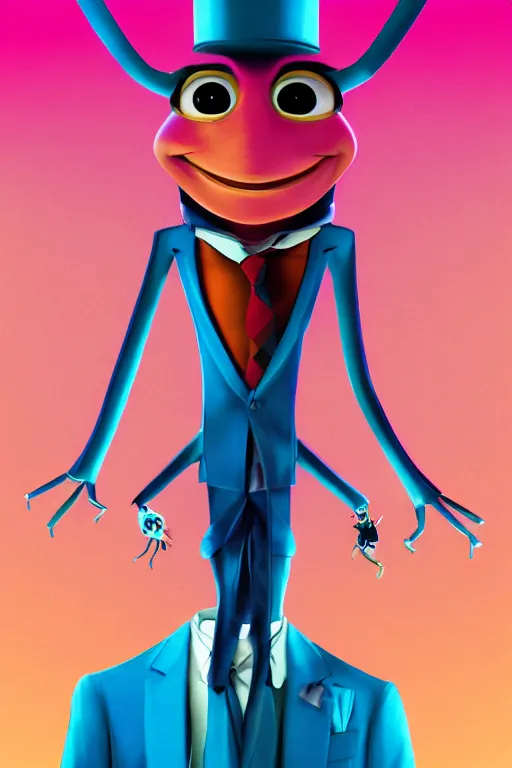 Prompt: colorful full body shot of an anthropomorphic cockroach wearing a suit, with long thin antennae, trending on artstation, trending on deviantart ,cinematic backlighting, 8k, symmetrical, correct proportions, hyper detail illustration by tim schafer, vibrant colors, by pixar, orange lights, pink shadows