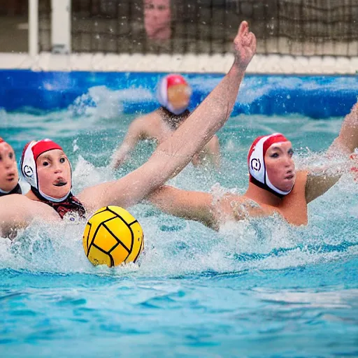 Image similar to water polo being played with hippos. sports photograph.
