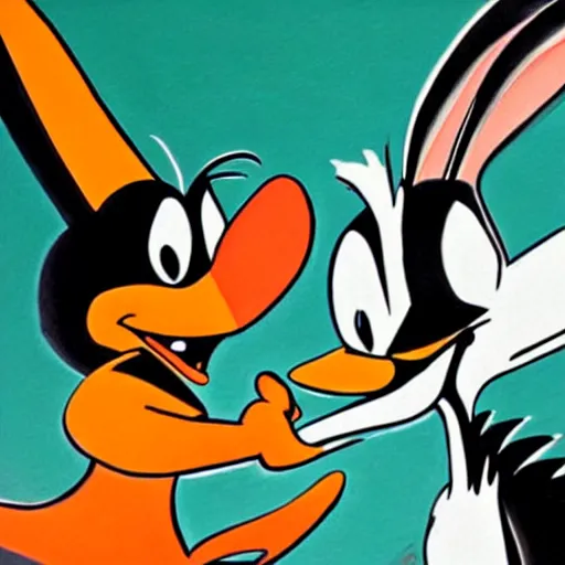 Image similar to Sumi-E painting of Bugs Bunny slapping Daffy Duck.