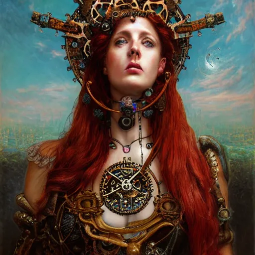 Image similar to A steampunk beautiful goddess, she is redhead, she is embellished with gears wheels and gemstones, by William Holman Hunt, Greg Rutkowski, Stanely Artgerm, Tooth Wu, Peter Gric, Aaron Horkey, trending on Artstation, digital art, mythological, symmetrical artwork, cinematic lighting, hyper realism, high detail, octane render, ultra realistic, golden ratio, 4k, 8k