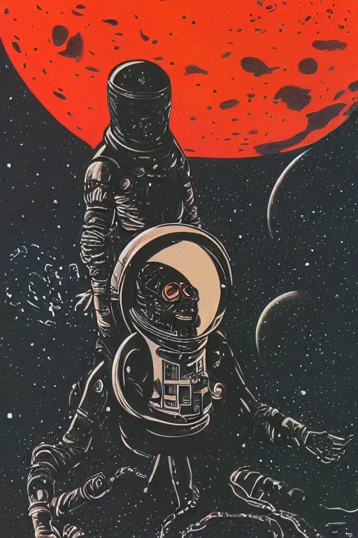 Prompt: dark retro illustration 1 9 6 7 science fiction, doomed astronaut on saturn's moon, gouache and ink, art sussman, mohrbacher, retro futurism