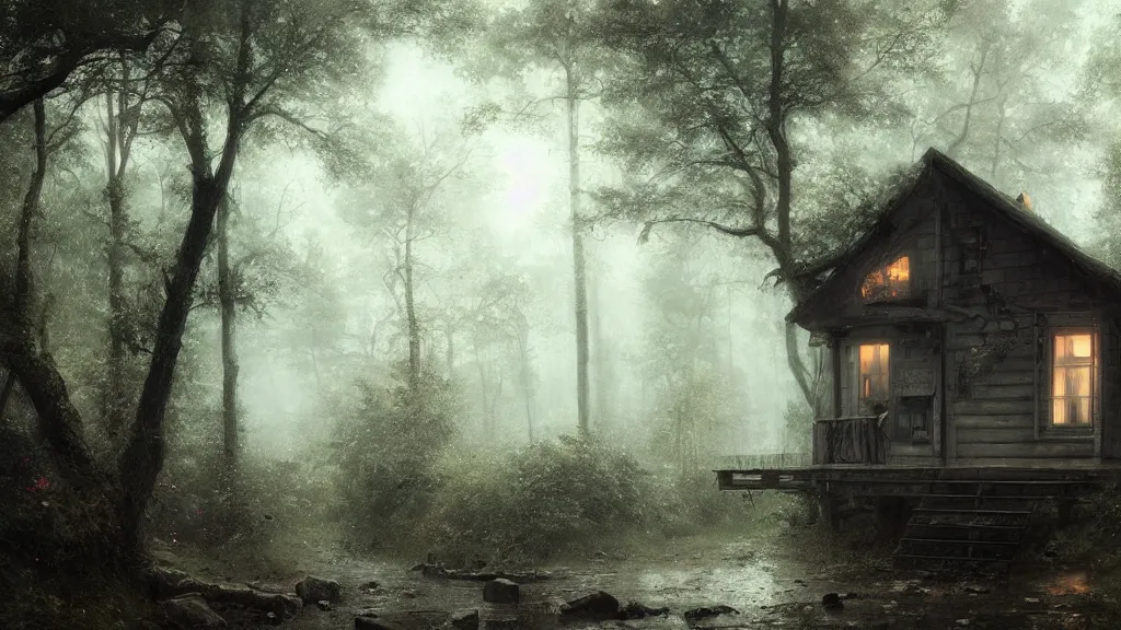 Prompt: [ a cabin in the woods, raining ] andreas achenbach, artgerm, mikko lagerstedt, zack snyder, tokujin yoshioka