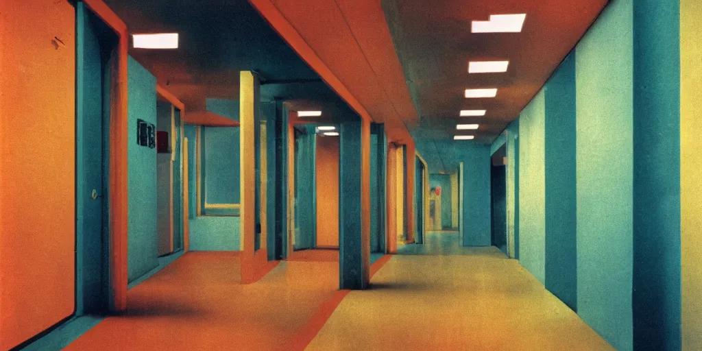 Image similar to noisy color photograph of a retrofuturist liminal space, hallways, minimalist, cinematic, soft vintage glow