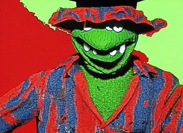 Image similar to freddy krueger as kermit the frog, happy face. long shot, happy colors, by hermann nitsch and hermann nitsch, high detail