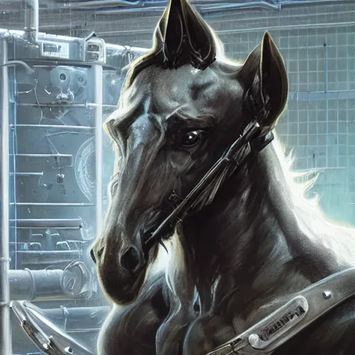 Prompt: splash art of a hyper - muscular black - coated anthropomorphic horse character in a research facility wearing a combat kevlar outfit, long hair, highly detailed, furry, furaffinity, digital painting, artstation, sharp focus, illustration, art by artgerm, greg rutkowski, alphonse mucha