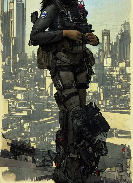 Image similar to Maria. USN female special forces operator looking at city skyline. Agent wearing Futuristic stealth suit. rb6s Concept art by James Gurney, Alphonso Mucha.