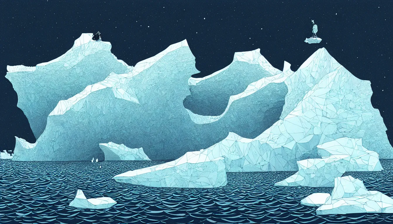 Image similar to iceberg by nicolas delort, moebius, victo ngai, josan gonzalez, kilian eng