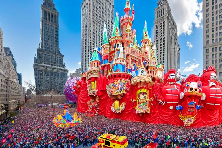 Image similar to photo of giant beautiful elaborate parade float castle designed by greg rutowski and geof darrow, in the macys parade, detailed 4 k photo, gigapixel, hyperdetailed