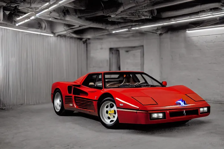Image similar to stylized poser of a single 1985 Ferrari GTO, neon lights, ektachrome photograph, volumetric lighting, f8 aperture, cinematic Eastman 5384 film