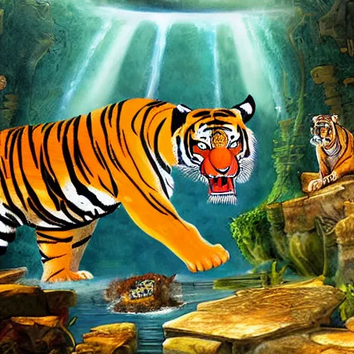 Image similar to a painting of a tiger discovering the lost city of atlantis