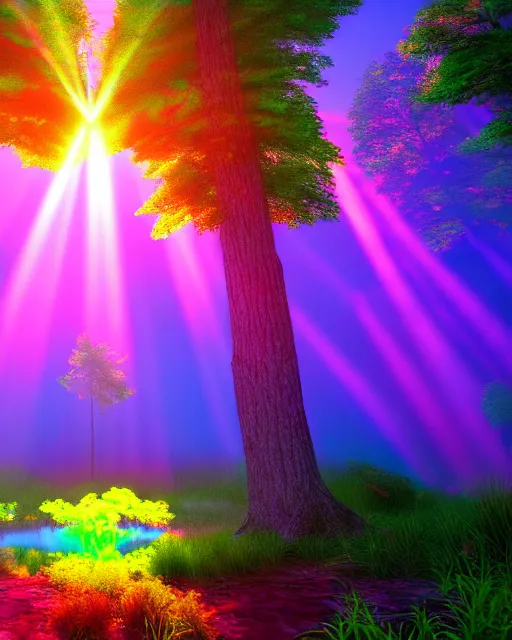 Prompt: mystical forest with a pond with a bright beam of light shining down through the clouds colorful trippy acid trip colorful 8 k 3 d sunshine rays volumetric lighting trending on artstation vray colorful