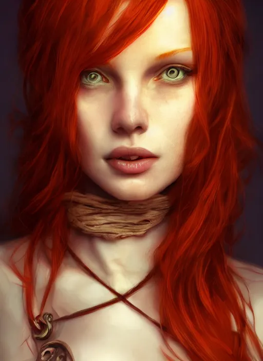 Image similar to Beautiful redhead girl which chest wrapped in bandages, portrait, fantasy, medieval, vivid colors, fantasy, elegant, concept art, sharp focus, beautiful face, digital art, Hyper-realistic, 4K, Unreal Engine, Highly Detailed, HD, Dramatic Lighting by Brom, trending on Artstation