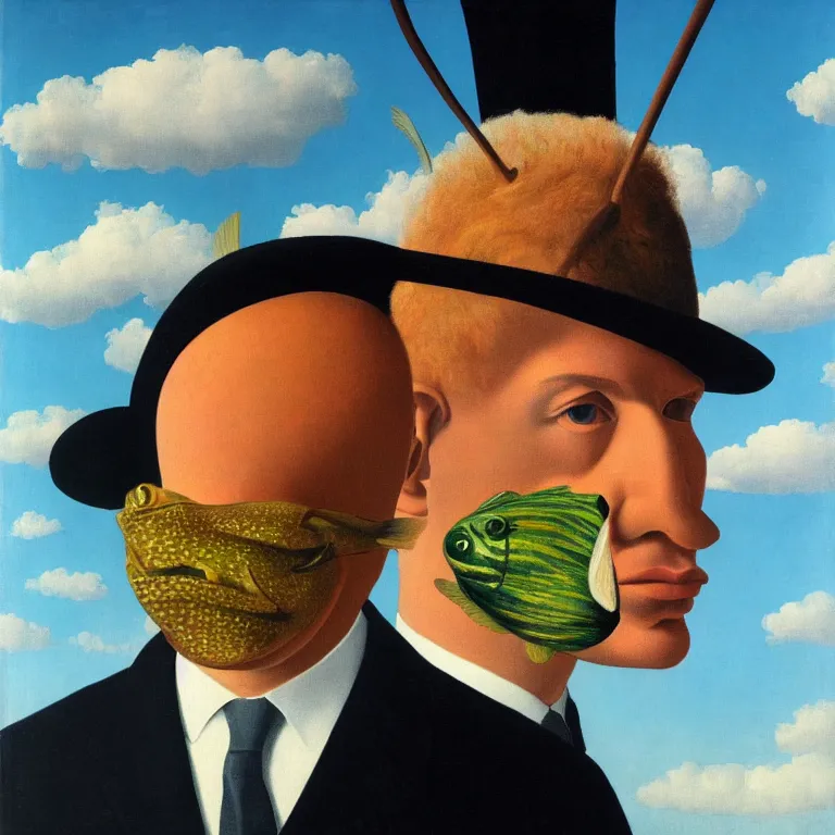 Image similar to portrait of a man with fish head, clouds in the background, by rene magritte, detailed painting, distance, middle centered, hd, hq, high resolution, high detail, 4 k, 8 k