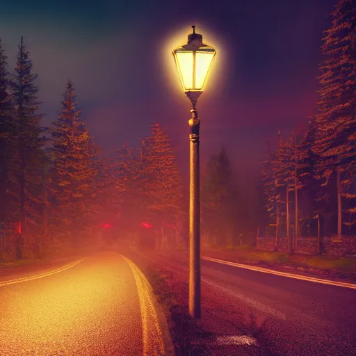Prompt: photo a road surrounded by pine trees, wooden buildings with neon signs on sides of roads, old fashioned street lamps lining the road, beautiful photography, volumetric lighting, flickr, artstation, 8 k, moody lighting