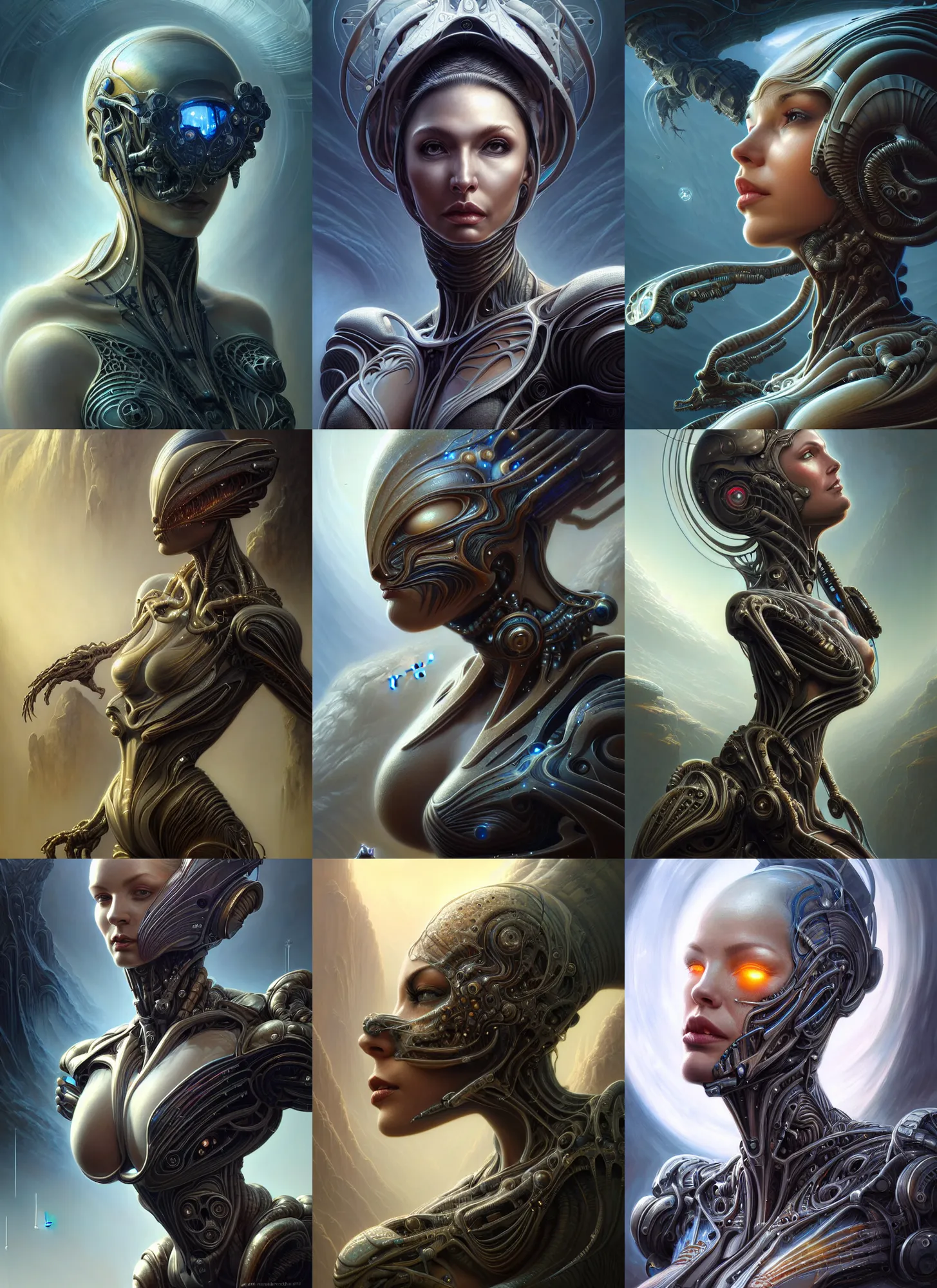 Image similar to closeup portrait shot of a female biomechanic woman in a scenic scifi environment, intricate, elegant, highly detailed, centered, digital painting, artstation, concept art, smooth, sharp focus, warframe, illustration, hr giger, tomasz alen kopera, peter mohrbacher, donato giancola, leyendecker, boris vallejo