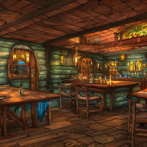 Prompt: wideshot of a magical water themed tavern, highly detailed digital art