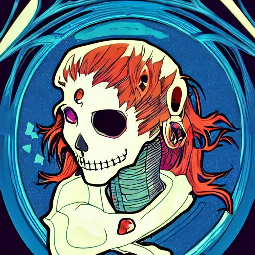 Image similar to anime manga skull portrait girl female profile skeleton astronaut illustration 80s art frank miller dirko and alphonse mucha pop art nouveau