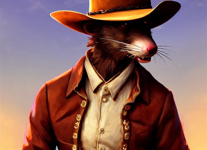 Image similar to character portrait feature of the anthro male anthropomorphic rat fursona wearing cowboy outfit wild west desperado sitting in an old monte carlo, a man whose heart is hollow, character design stylized by charlie bowater, ross tran, artgerm, makoto shinkai, detailed, soft lighting, rendered in octane