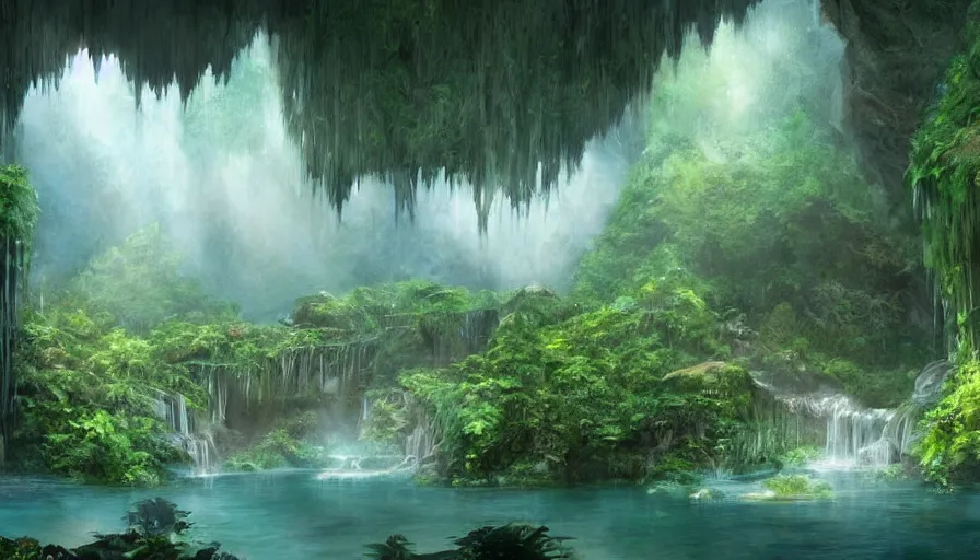 Image similar to concept art of a huge underground jungle cave with waterfalls, lakes, luminescent plants, colorful, high detailed, ultra realistic