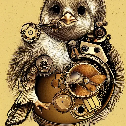 Prompt: a baby chick, steampunk, detailed illustration