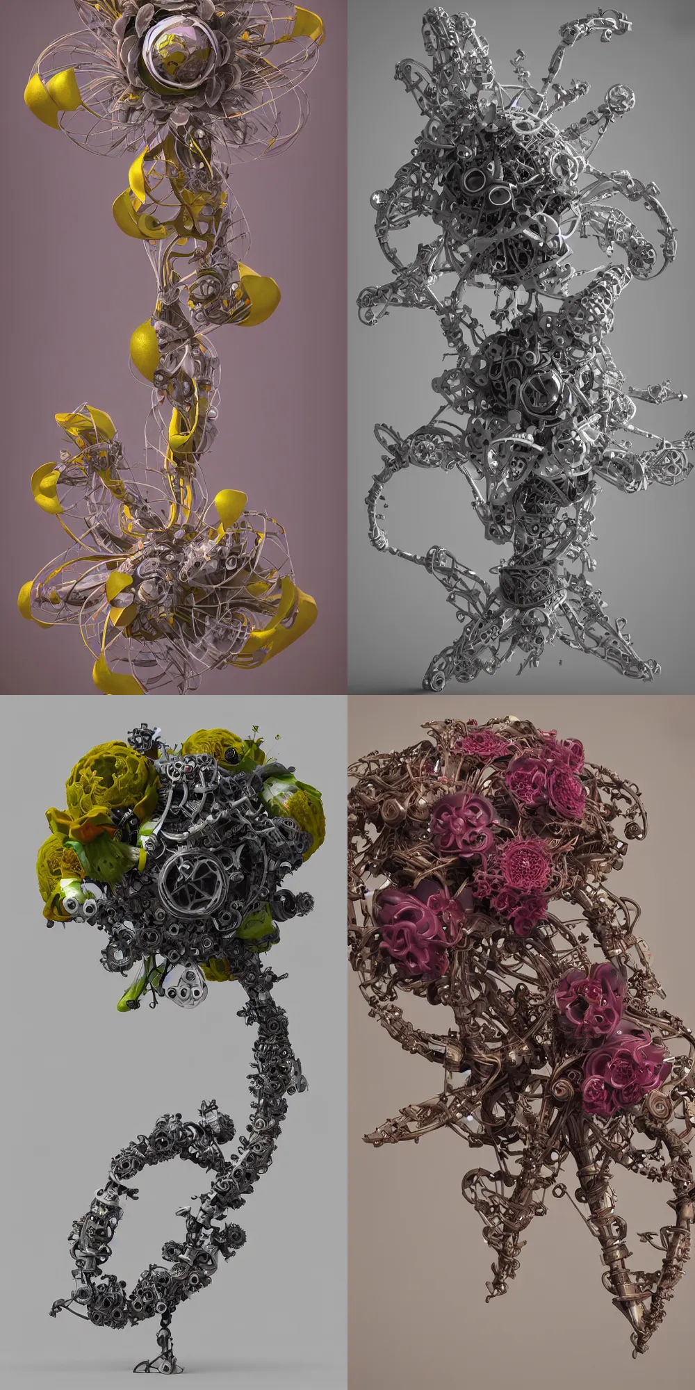 Prompt: elaborate biomechanical flower, photorealistic, high detail render, unreal engine 5, cinema4d, octane, 8k,