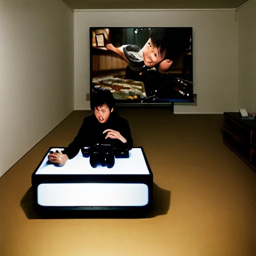 Prompt: hyperralism photography of detailed kim chen playing xbox in basement bedroom by araki hobuyoshi