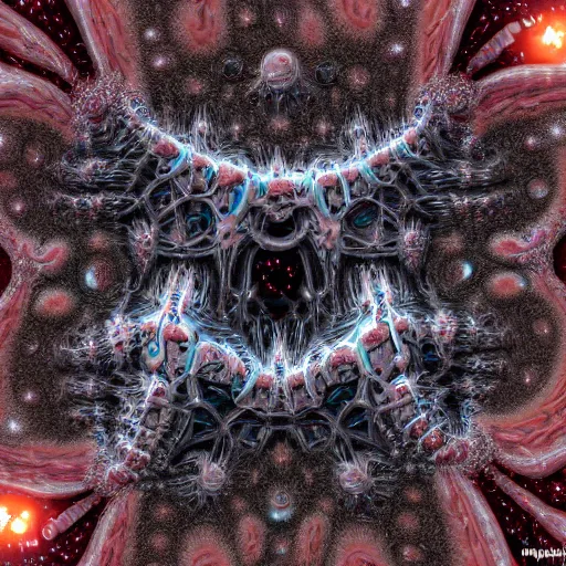 Image similar to Hyper detailed painting of a horrid eyeless fractal mechanical abomination covered in endless teeth as it devoures stars.