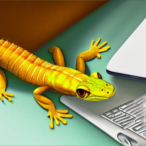 Image similar to portrait of a gecko working at a laptop, photorealistic, artstation, digital art 4k