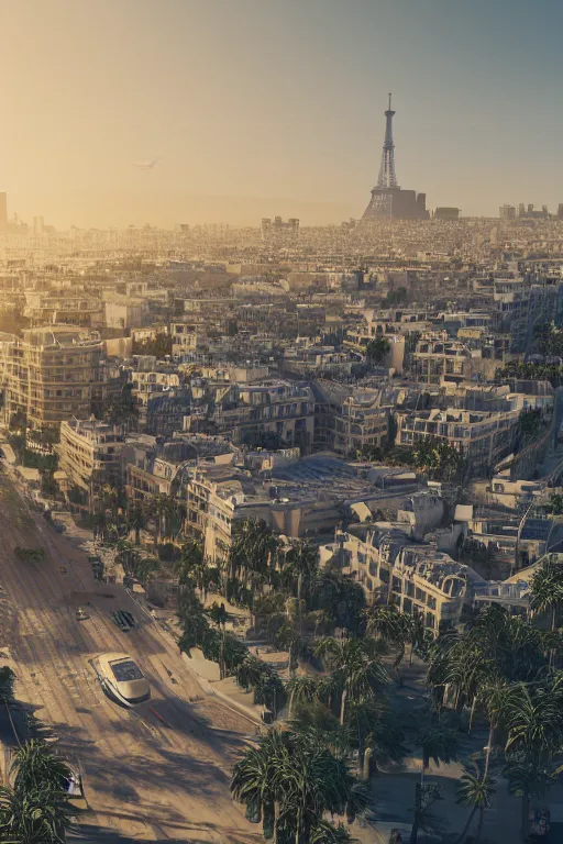 Image similar to the beautiful city of paris rebuilt near the pacific ocean in sunny california, amazing weather, sandy beach, palm trees, splendid haussmann architecture, digital painting, highly detailed, intricate, concept art, matte painting, trending on artstation, octane render, 8 k, unreal engine