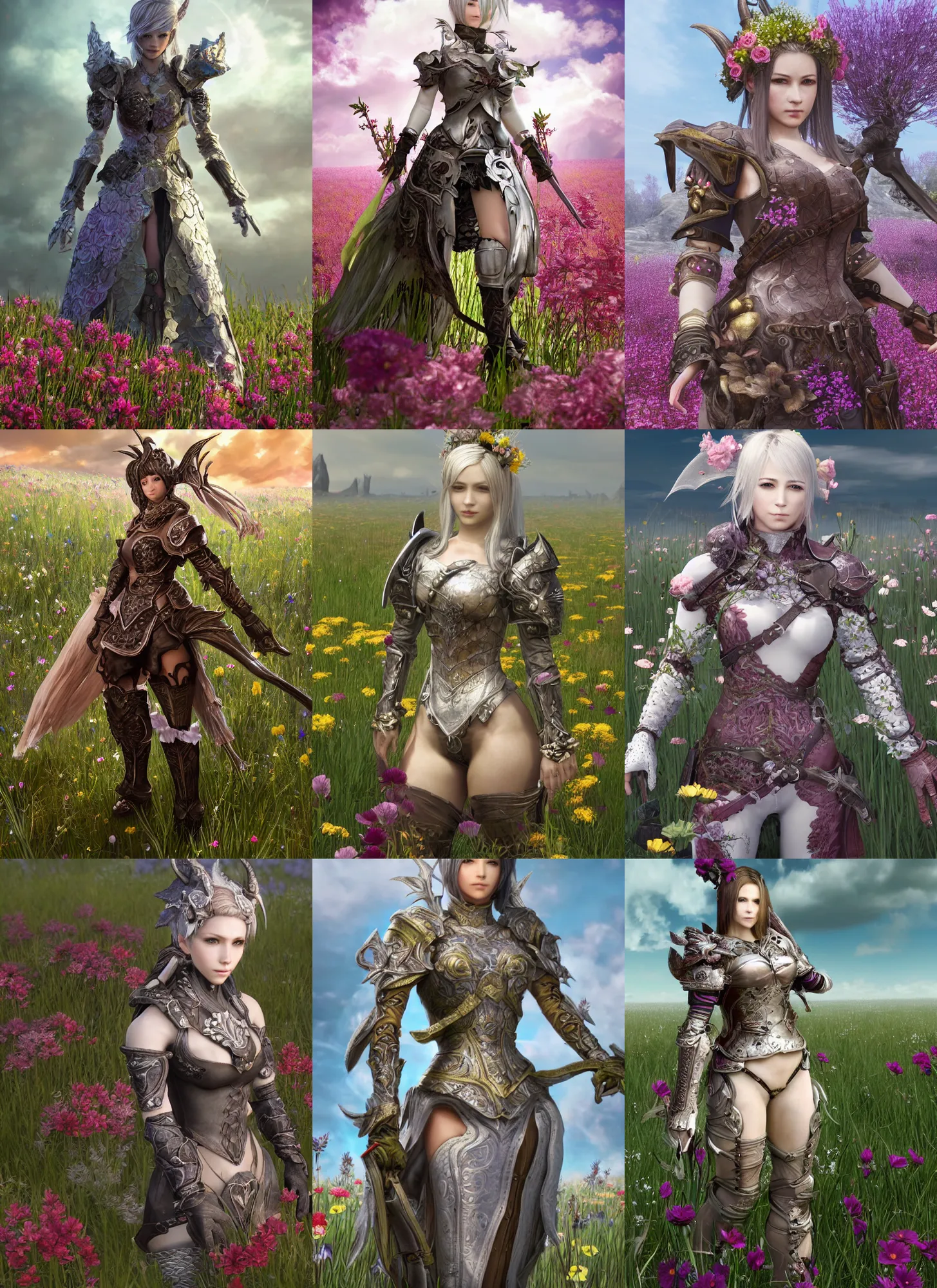 Prompt: character portrait of a woman with dragon skin standing in a field of flowers wearing full plate armor, in the style of final fantasy xiv, a realistically proportioned face, photorealistic eyes, good value control, smooth, realistic shading, realistic face details, illustration, substance painter, very highly detailed