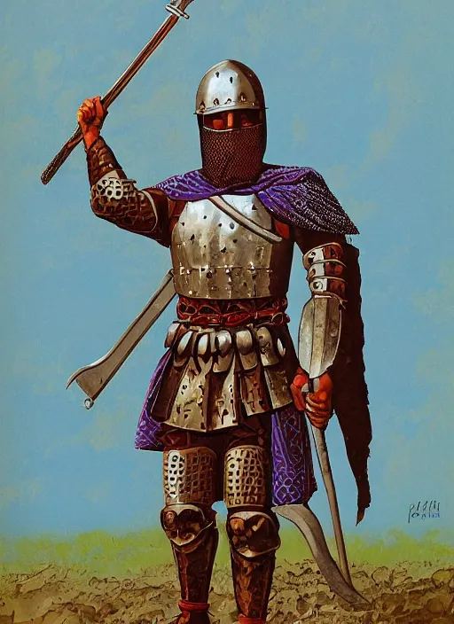 Image similar to character art illustration of a medieval Byzantine infantry warrior by Angus McBride.