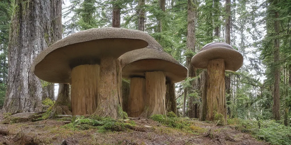 Image similar to tower residence made of an enormous mushroom, pacific northwest, round doors