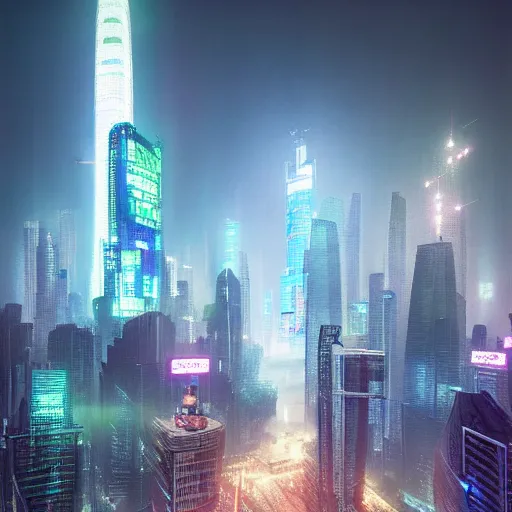 Image similar to cyberpunk shanghai lujiazui in the night seen from below, cityscape, mist, rain, artstation, greg rutkowski, hq