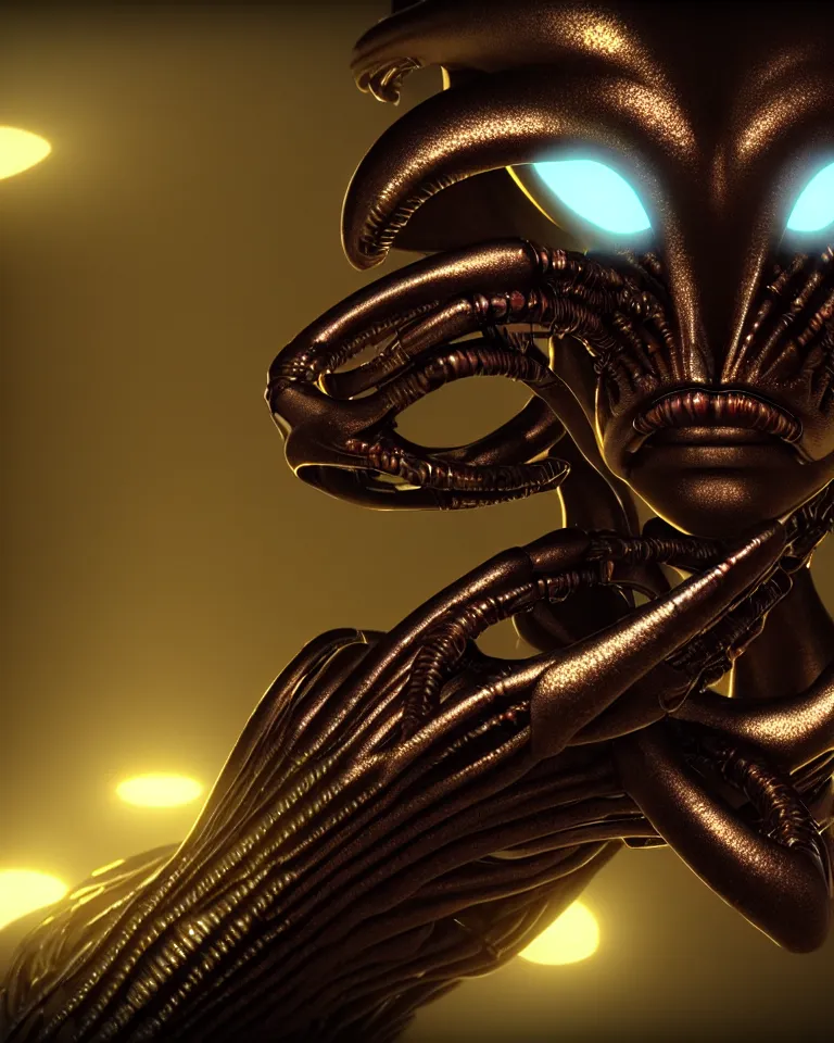 Image similar to epic portrait of alien metal rings queen epic octane vfx maya render