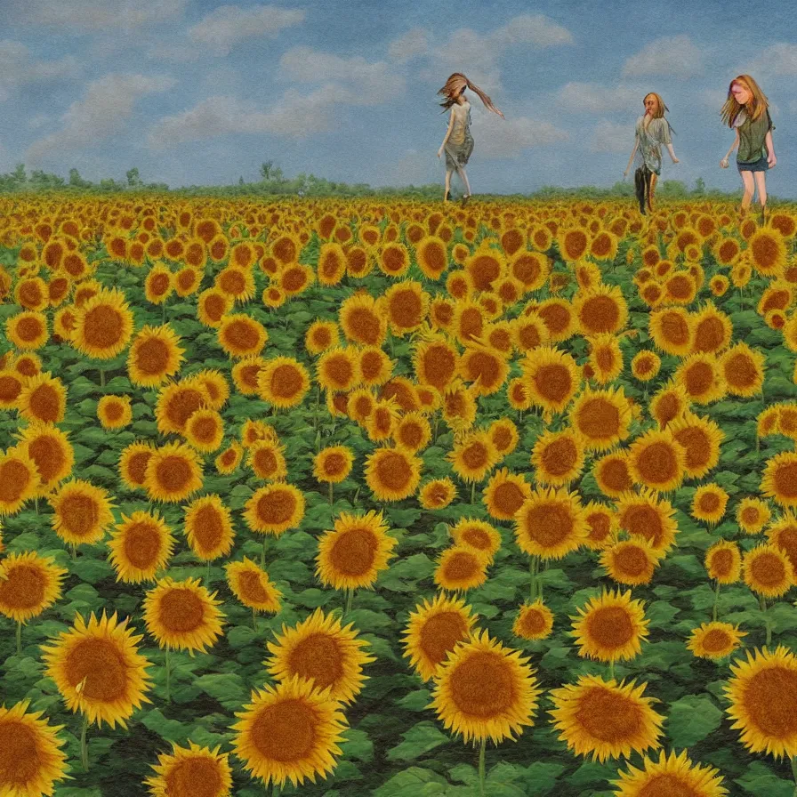 Prompt: Artwork illustrating sentient walking sunflowers walking deserted farm fields in a surrealist style.