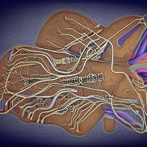Image similar to liver anatomy concept art, blue print, texture of electronic circuit, intricate details, da vinci