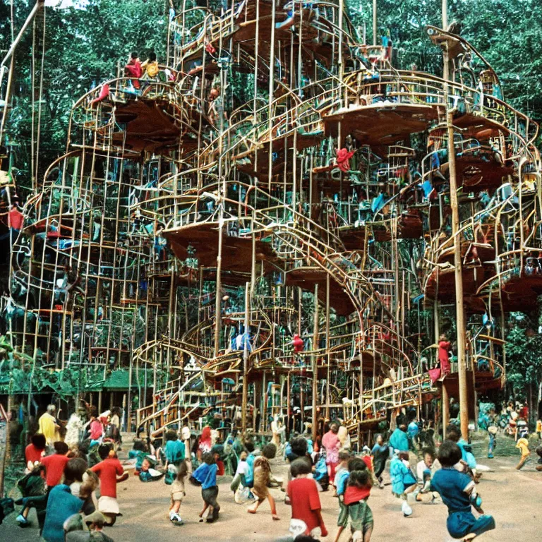 Image similar to full - color closeup 1 9 7 0 s photo of a large complex very - dense very - tall many - level jungle - gym in a crowded schoolyard. the jungle - gym is made of dark - brown wooden planks, and black rubber tires. it has many wooden spiral staircases, high bridges, ramps, and tall towers.