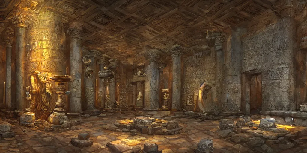 Prompt: inside A sumerian temple hall full of gemstonesculptures, art by World of Warcraft Art Direction, art station, concept art,