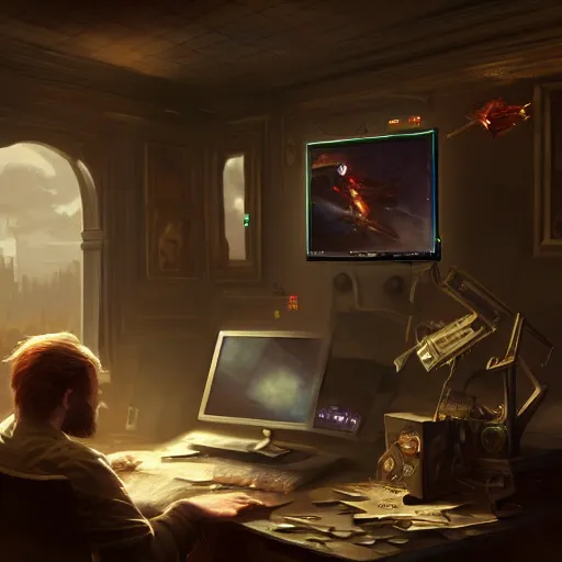 Image similar to realistic rich man using laptop in gaming room, artstation trends, sci fi concept art, highly detailed, intricate, sharp focus, digital art, 8 k