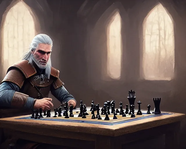 Image similar to 5 5 mm portrait photo of geralt playing chess. magical atmosphere. art by greg rutkowski. highly detailed 8 k. intricate. lifelike. soft light. nikon d 8 5 0.
