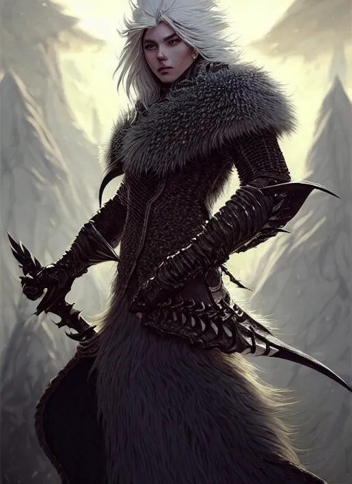 Image similar to fur armor!!! long wild white hair!! covered chest!!! fantasy, d & d, intricate ornate details, symmetry, concept art, sharp focus, illustration, art by artgerm! greg rutkowski magali villeneuve wlop! ilya kuvshinov!!, octane render, unreal engine 5, highly rendered!!