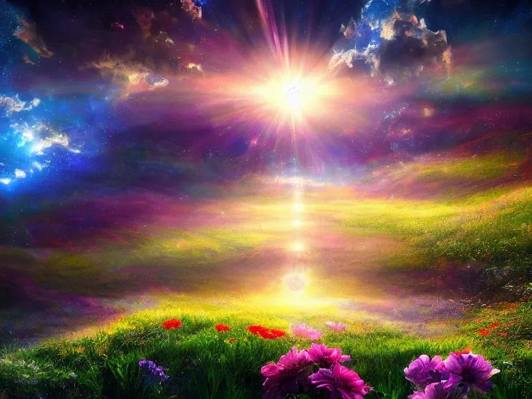 Prompt: a fine painting of a glorious place where love conquers all, where the heavens open to the great cosmos, where flowers are launched into the unknown 8 k, ultra realistic, lens flare, atmosphere, glow, detailed, intricate, full of colour, cinematic lighting, trending on artstation, 4 k, hyperrealistic, focused, extreme details, unreal engine 5, cinematic, masterpiece