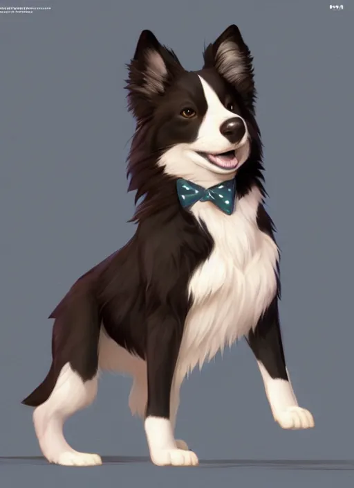 Prompt: beautiful full body character portrait of a cute male anthropomorphic border collie fursona wearing a suit. character design by disney, charlie bowater, ross tran, artgerm, and makoto shinkai, detailed, soft lighting, rendered in octane