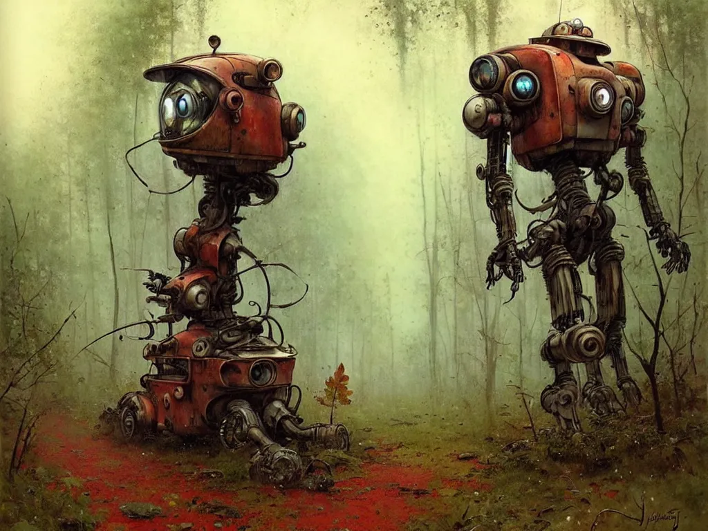 Prompt: adventurer ( ( ( ( ( 1 9 5 0 s retro future robot vehical in the forrest. muted colors. swamps ) ) ) ) ) by jean baptiste monge!!!!!!!!!!!!!!!!!!!!!!!!! chrome red