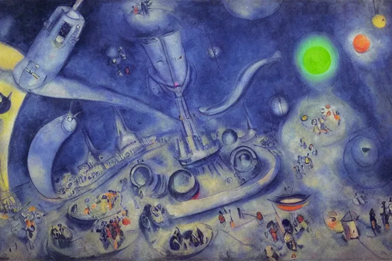 Image similar to a futuristic space port, painting by chagall, trending on artstation