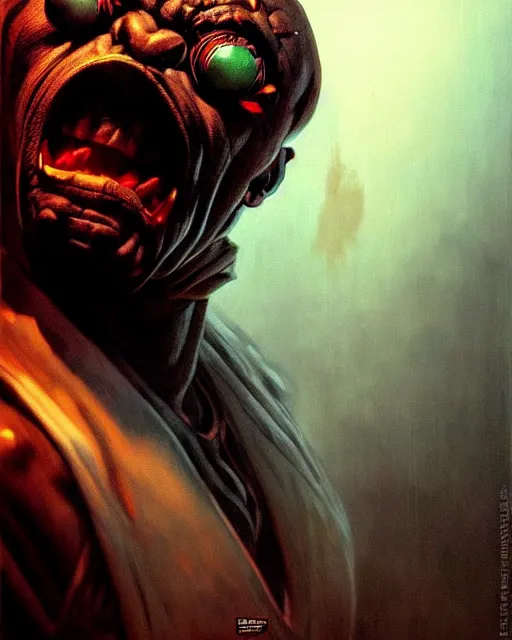 Image similar to doomfist from overwatch, evil sinister, angry nigerian man, rage, character portrait, portrait, close up, concept art, intricate details, highly detailed, horror poster, horror, vintage horror art, realistic, terrifying, in the style of michael whelan, beksinski, and gustave dore