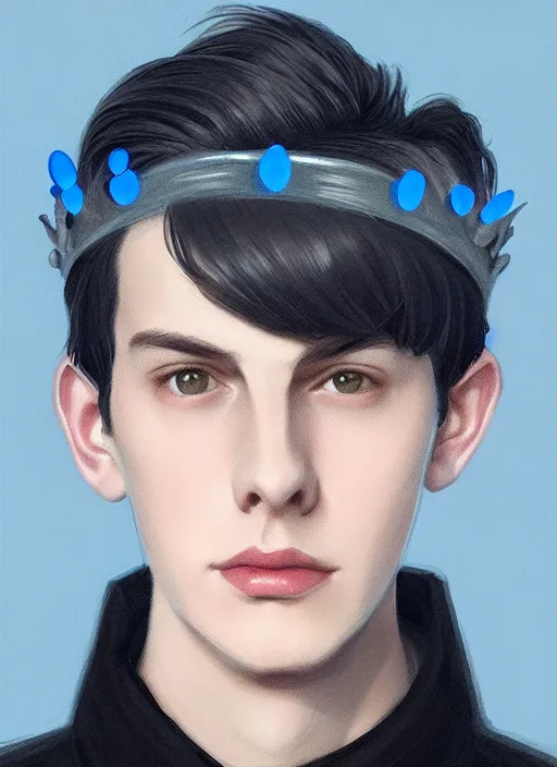 Image similar to portrait of teenage jughead jones wearing a light grey crown, crown, blue turtleneck, closed eyes, photorealistic, black hair, glowing lighting, intricate, elegant, glowing lights, highly detailed, digital painting, artstation, concept art, smooth, sharp focus, illustration, art by wlop, mars ravelo and greg rutkowski