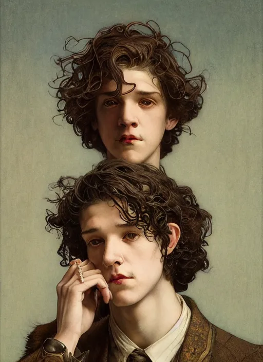 Prompt: edmund dulac, leyendecker, highly detailed portrait, a beautiful androgynous kit harrington, long hair, tall and thin, wearing several pendants, art nouveau, stephen bliss, unreal engine, by greg rutkowski, loish, ferdinand knab, ilya kuvshinov, rossdraws, tom bagshaw, alphonse mucha, global illumination, radiant light