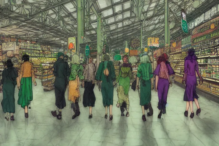 Image similar to group of green haired women walking through a super market aisle, in the style of Greg Broadmore and Arthur Rackham and Moebius, trending on artstation, light lighting side view,digital art,surrealism ,macro,blueprint ,vaporwave ,